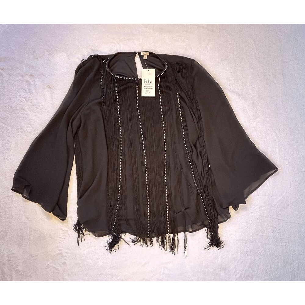 Reba Black Bell Sleeve Fringe/Gem Western Shirt Size L, NWT Festival, Flowy